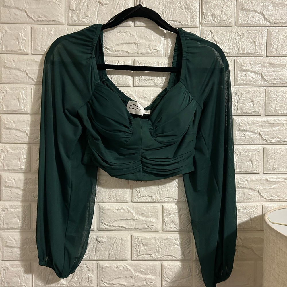 Green Ruched Long Sleeve Crop Blouse